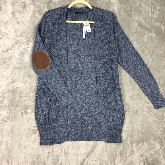 RDI Womens XS Blue Cardigan Sweater Elbow Patches Pockets Cotton Blend NWT - Picture 2 of 10